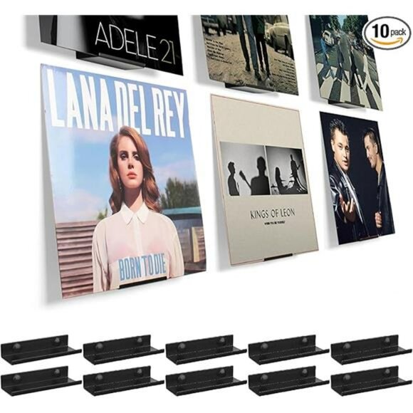 Set of 10 vinyl record wall mount shelves black metal album display storage rack - Picture 7 of 7